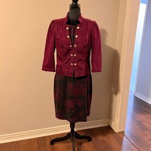 White Market Black Market maroon and black dress and jacket with gold buttons.